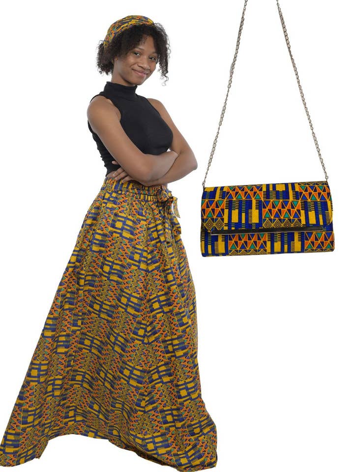 African Ankara Women Casual Long Maxi Skirt & Handbag Set for wholesale by Satsuma Wholesale