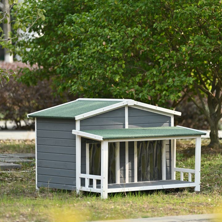 Gray Large Wooden Dog House with Porch, 2 Doors, Cabin Style for wholesale on Faire