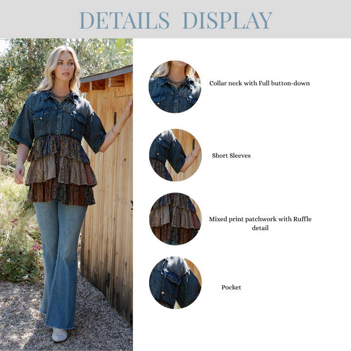 Young Threads - Wholesale Blouse - Women's - Front-Open Hooded Denim Shirt with Playful Mixed Ruffles
6