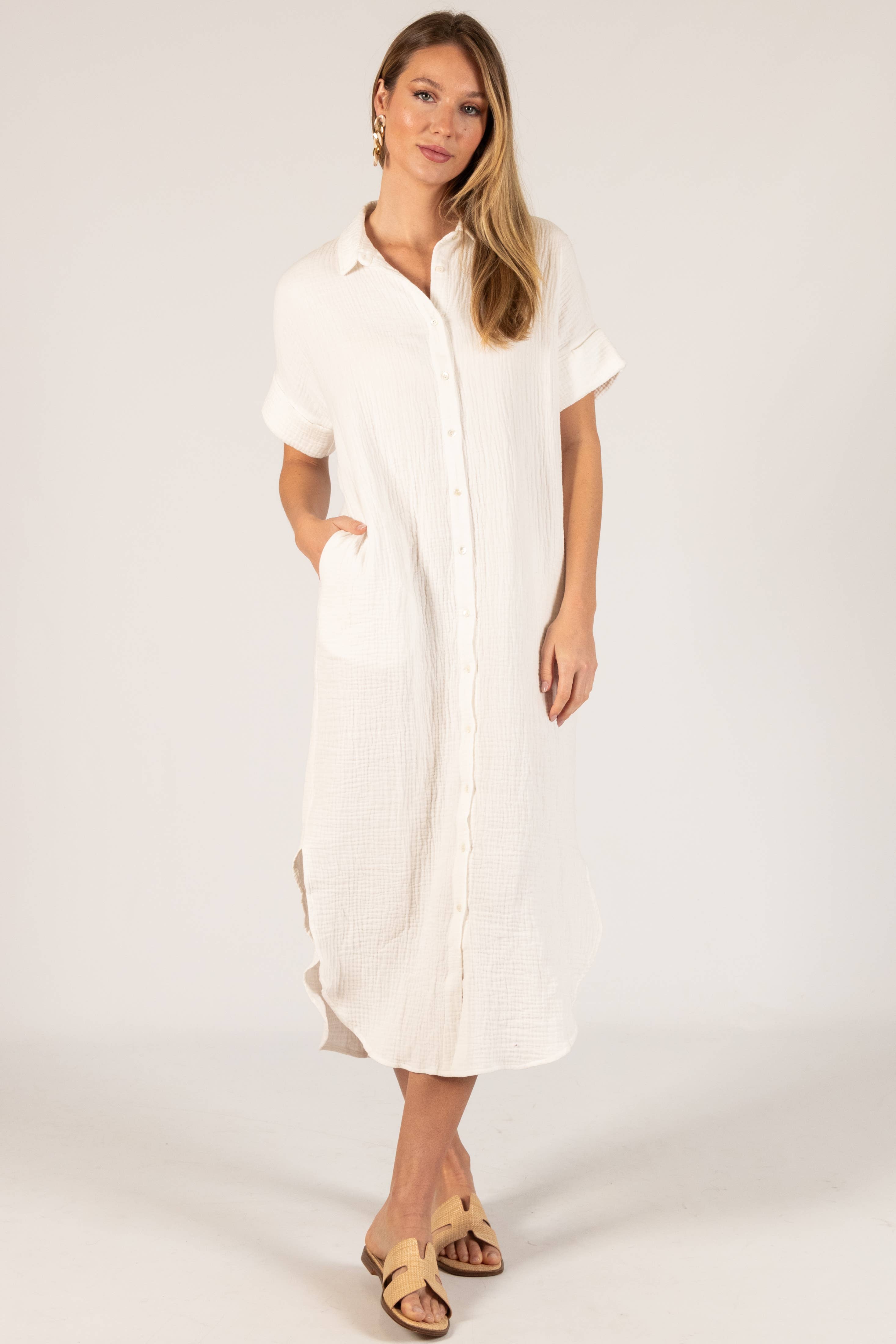 Before You Collection - Wholesale Dress - Women's - 3-Ply Heavy Gauze Button Up Shirt Dress2