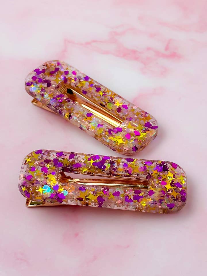Celebration - Purple & Gold Glitter Oblong Resin Hair Clips for wholesale by ThatsSewLauraUk
