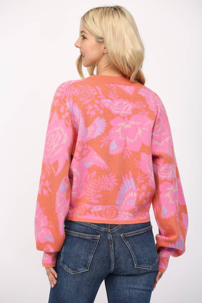 ORANGE MULTI FLORAL PATTERN BUTTON CLOSURE CROP CARDIGAN FW15451 for wholesale on Faire4