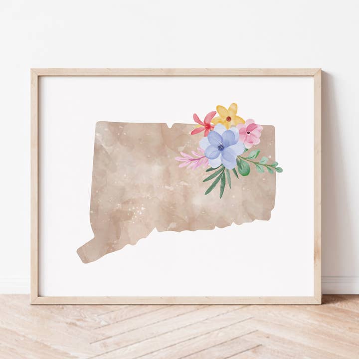 Impressão artística de silhueta floral de Connecticut por atacado de Backstory Map Co.