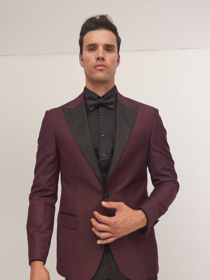 Men's Satin Lapel Wide Peak Tuxedo - Burgundy for wholesale by Ron Tomson