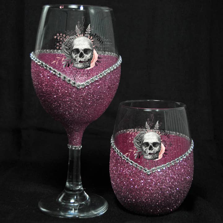 WineyBitches.Co - Wholesale Wine Glass - Floral Skull Design #4 – Bling Glitter Glass Wine Glasses (Pirate Skull Halloween Collection)0