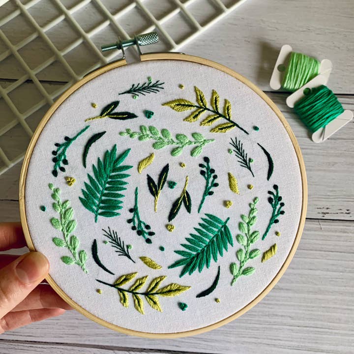 Full embroidery kit. Foliage DIY beginner hoop art craft. Adult anxiety/stress relief plants and leaves gift for wholesale by Rose Stitch Art