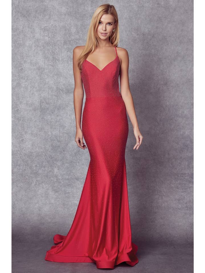 STONE ACCENTED LONG MERMAID PROM EVENING GOWN for wholesale by Juliet