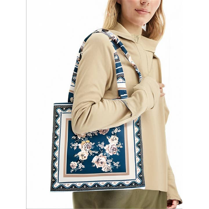 JC Sunny Fashion - Wholesale Tote Bag - Women's - Art-Inspired Premium Shoulder Bag--Teal Bordered Floral