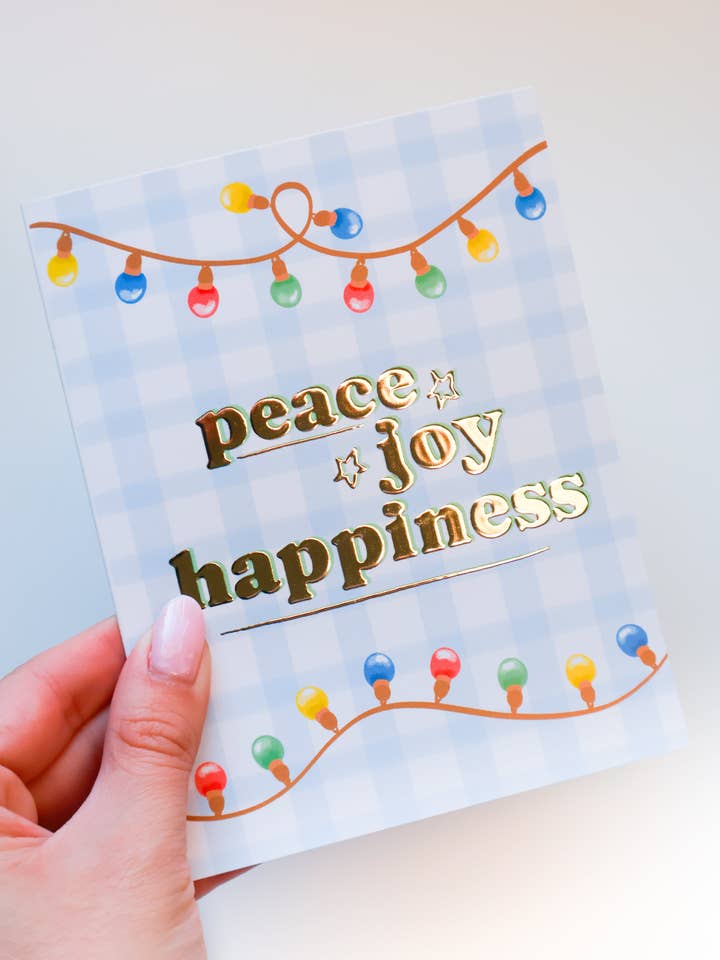 Peace, Happiness, and Joy - Holiday Greeting Card for wholesale by Pinkalula