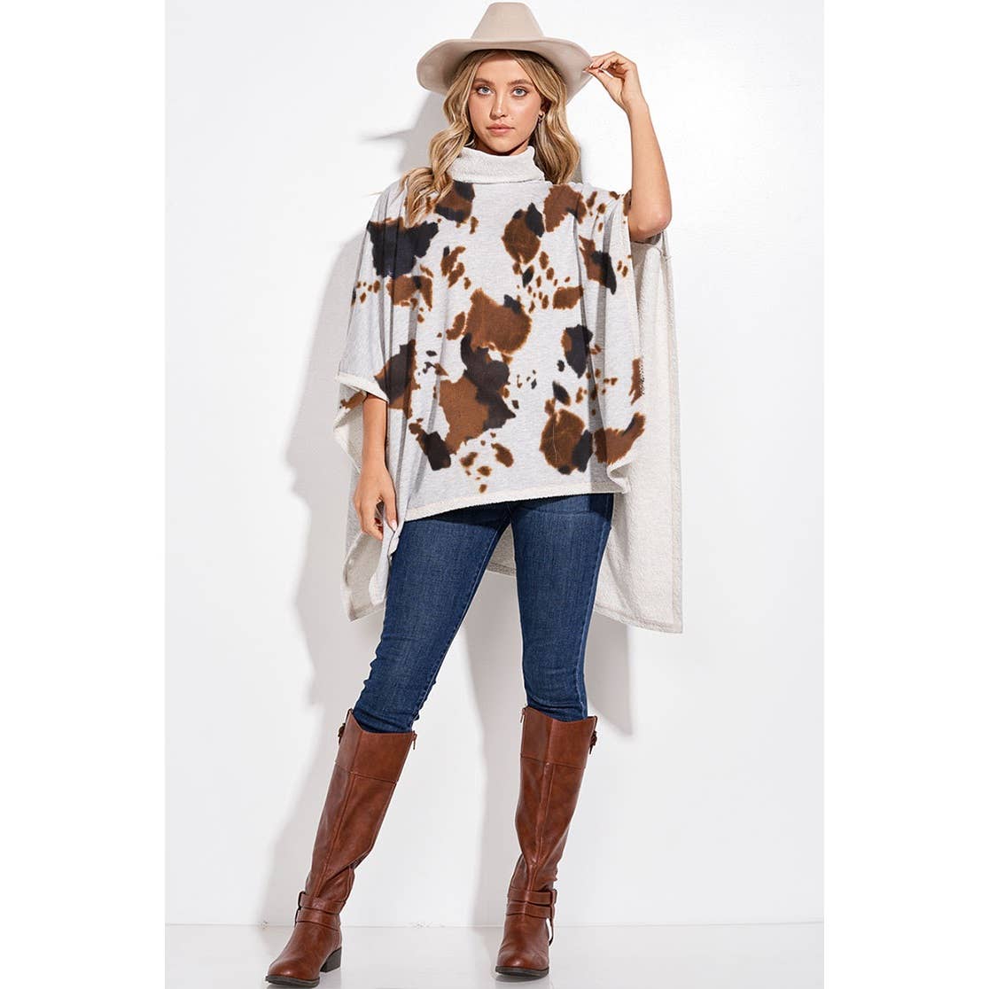 Phil Love - Venta al por mayor Poncho - Mujer - Poncho cuello tortuga con estampado de vaca1