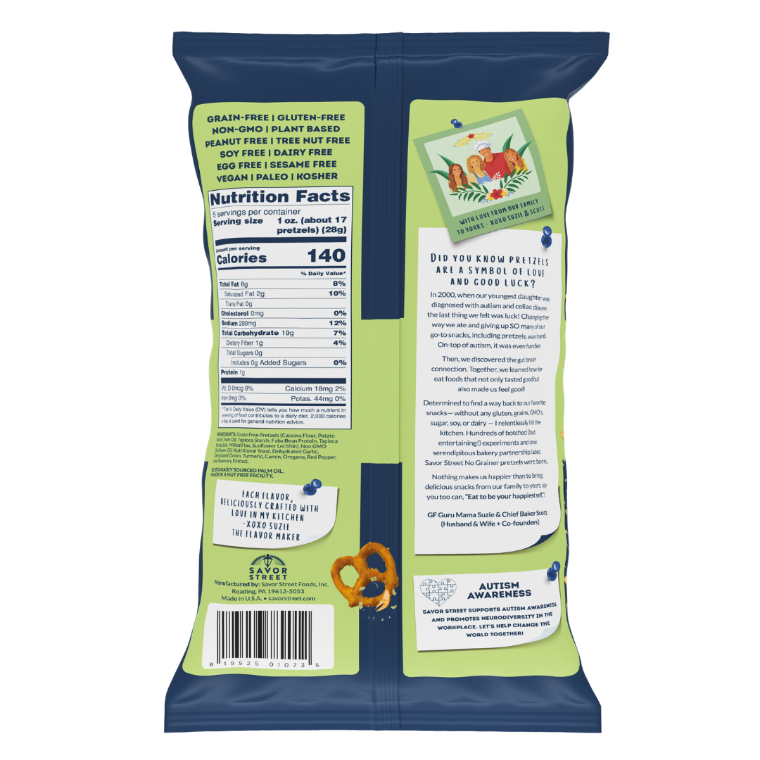 Savor by Suzie - Wholesale Pretzels - Roasted Garlic & Herb Grain Free Pretzels 5oz2