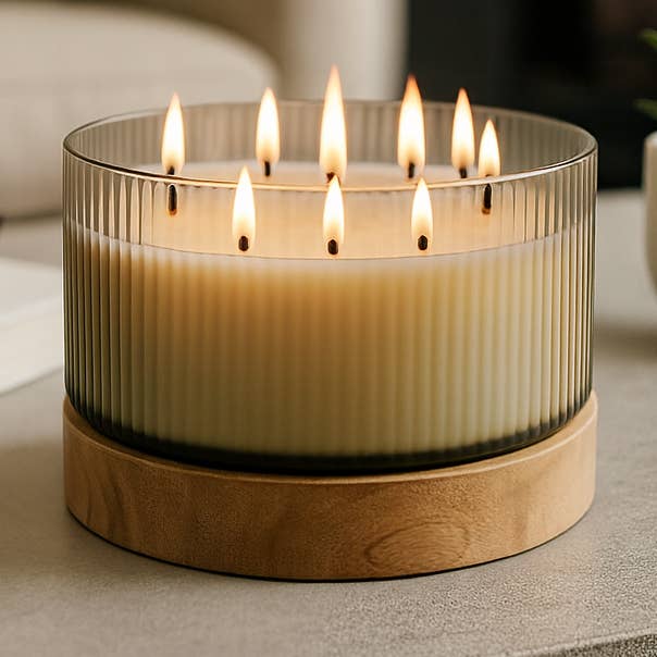 Candle - Ivory Glass Round Sea Salt with Wood Base, 183 Oz for wholesale by Sagebrook Home