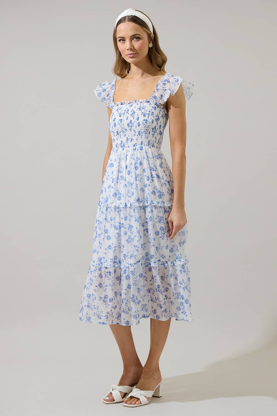 WHITE BLUE Wren Floral Bayshore Smocked Midi Dress for wholesale on Faire2