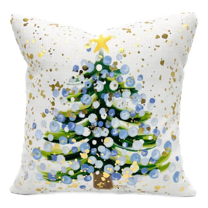 Gold Foil Baby Blue Splatter Tree Pillow for wholesale by Rachel Brooks Design, LLC