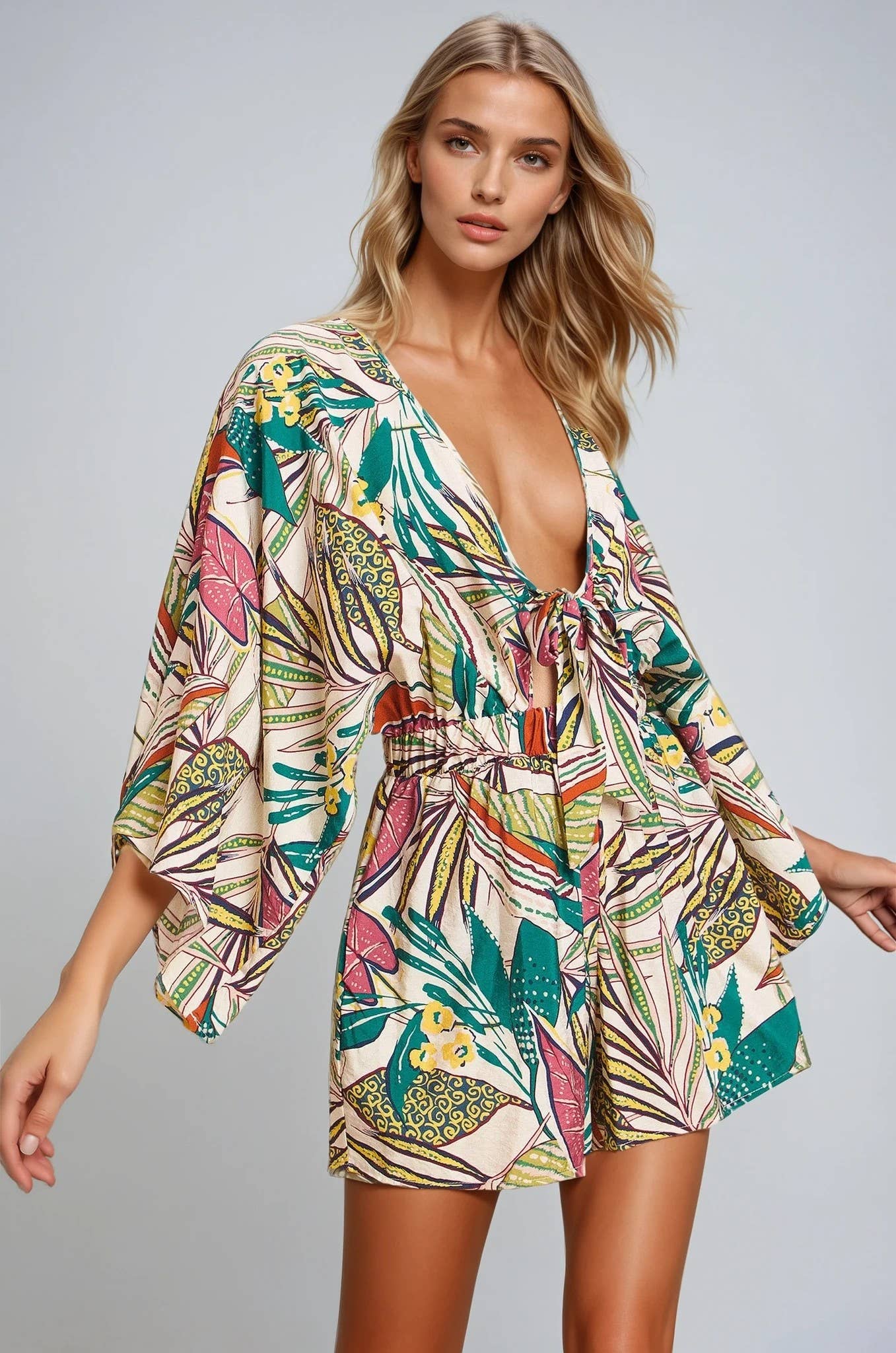 IVORY MULTI BATWING SLEEVED BOHO TROPICAL PRINT ROMPER 4411RH  for wholesale on Faire1
