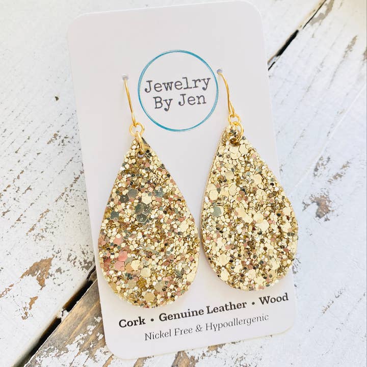 Jewelry By Jen - Wholesale Dangle Earrings - Medium Teardrop Earrings: Chunky Gold Glitter
