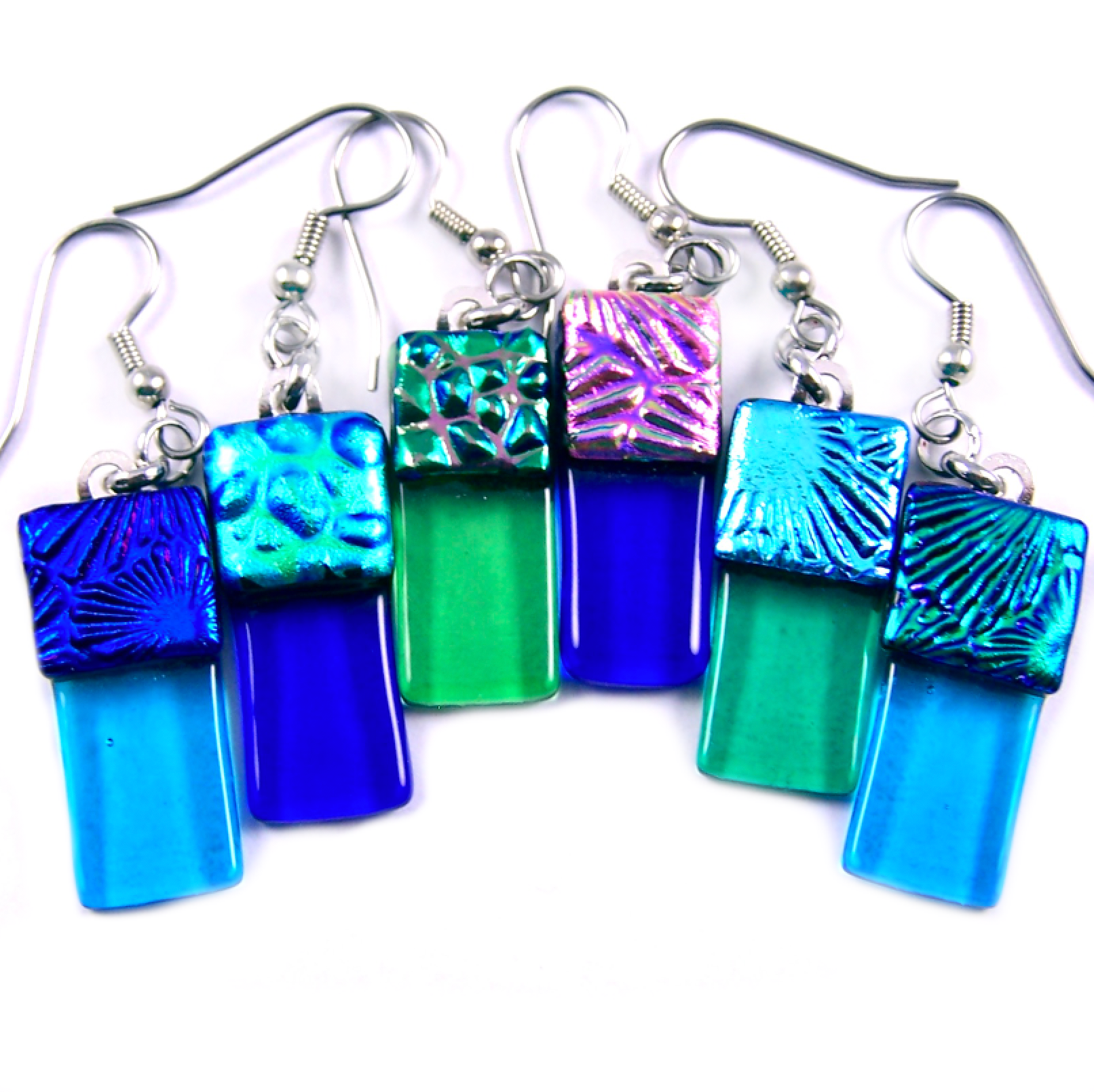 Glass Town USA - Wholesale Hangende/ronde oorbellen - Oorbellen van dichroïsch glas Bengelen - Cathedral Textures Rainbow2