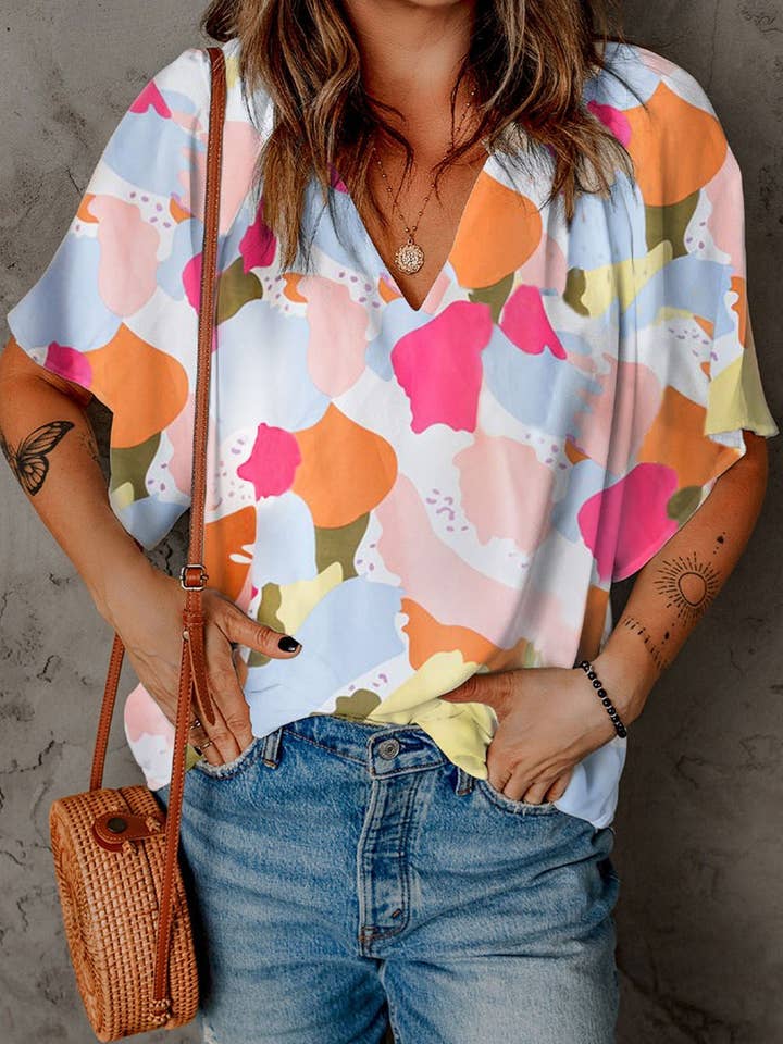 Secret Style Source - Wholesale Blouse - Women's - Colorful Abstract Print Blousy Draped Top