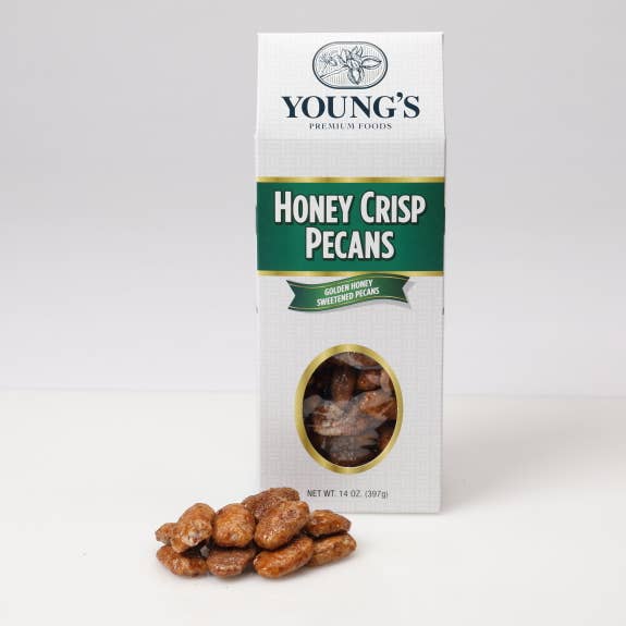 Honey Crisp Pecans 14 oz Box for wholesale by Young’s Premium Foods