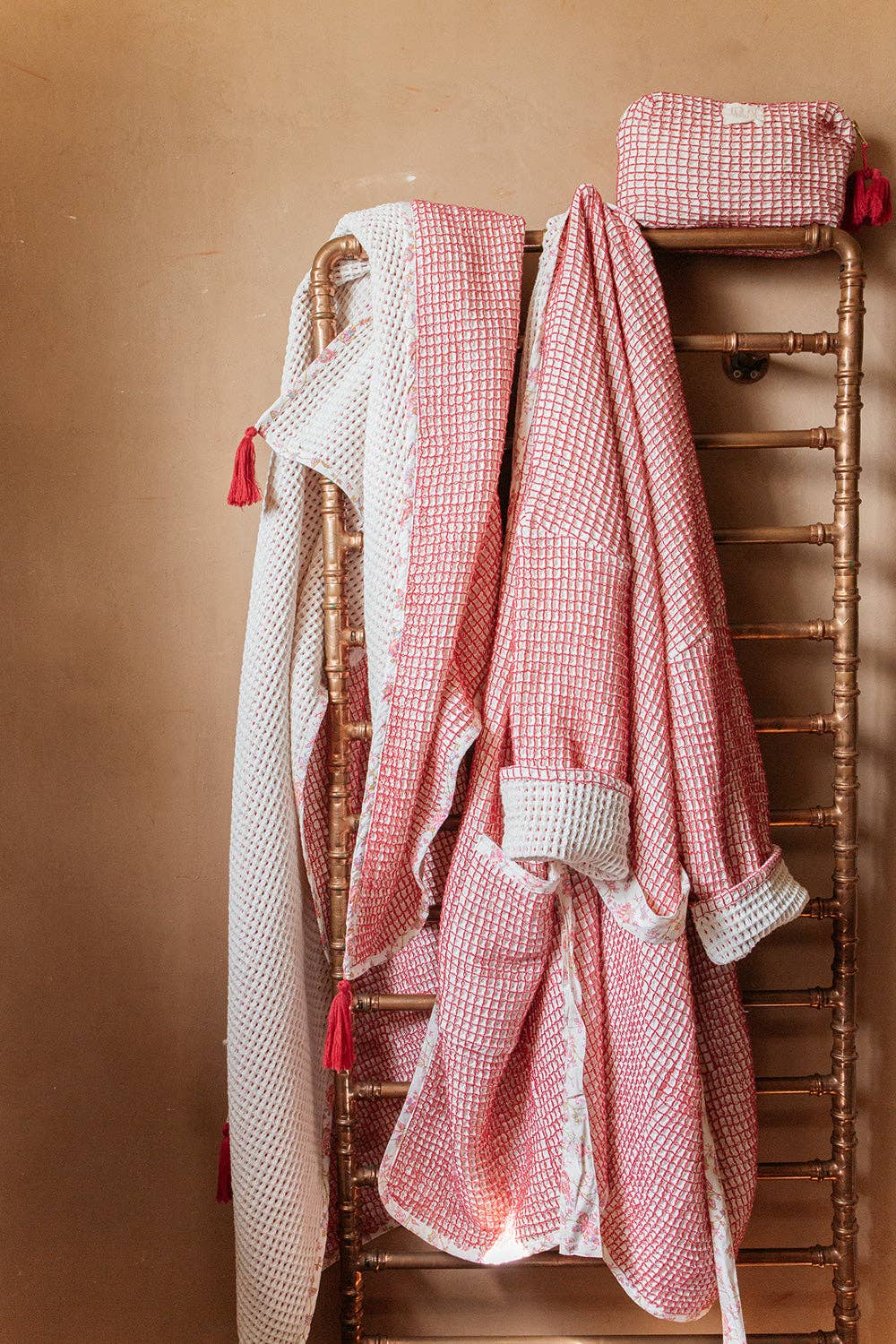 Laora Adult Bathrobe - waffle/terry - white - pink for wholesale on Faire1