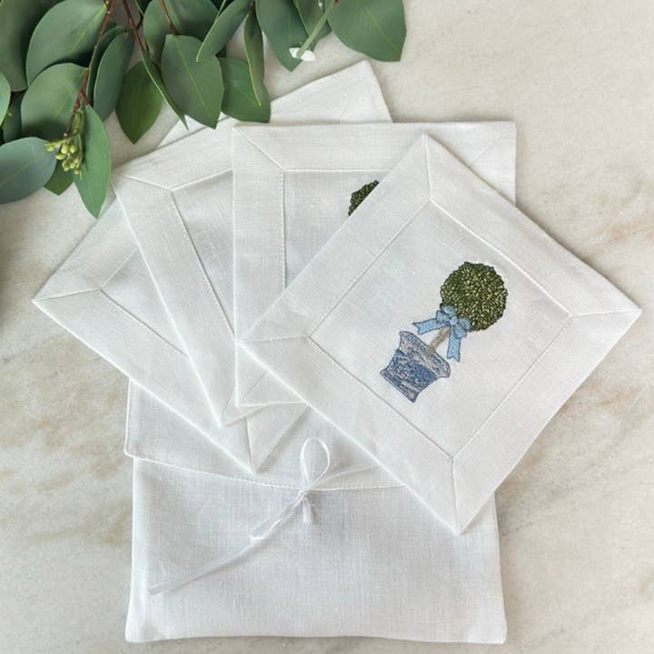 White Chinoiserie Boxwood Topiary Cocktail Napkin Set - New for wholesale on Faire