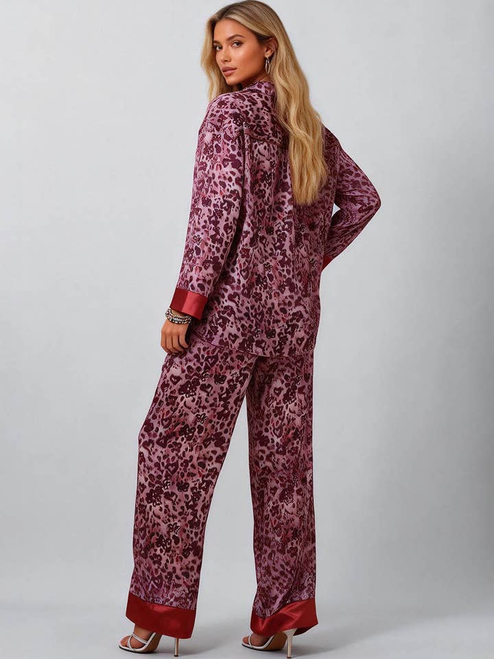 Ladies Leopard Button Closure Top & Pants Lounge Set SKST5KC1803 for wholesale on Faire4