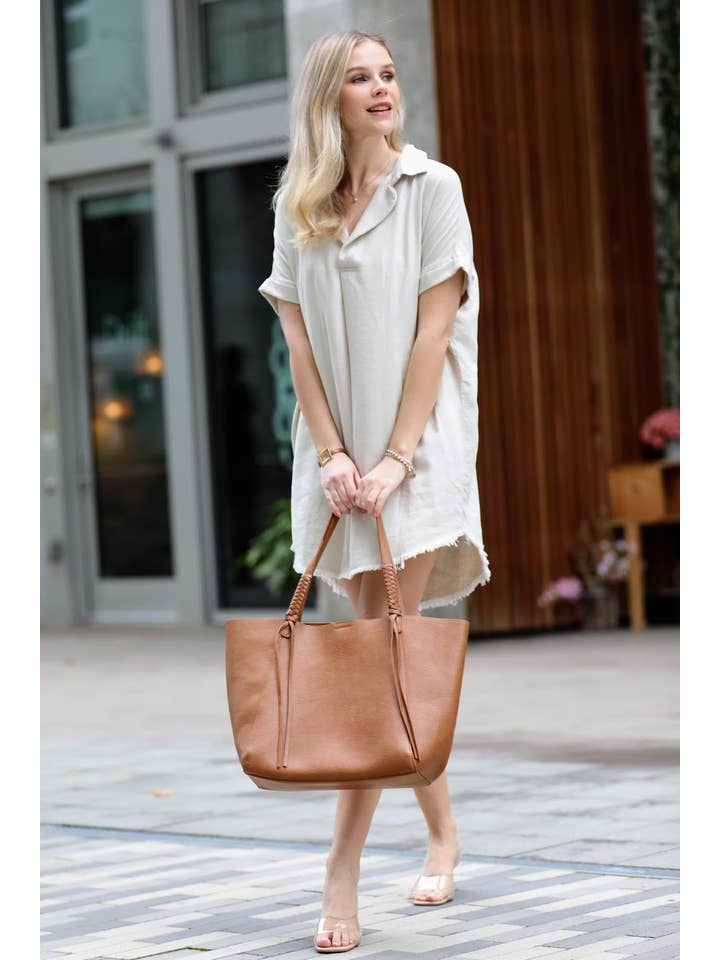 42POPS - Wholesale Dress - Women's - .SI-24570 Linen Shirt Dress With Frayed Hem