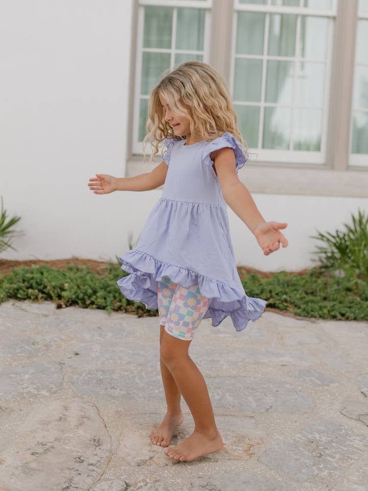 Adorable Sweetness - Wholesale Top & Short Set - Kids - Girls Periwinkle Ruffle Hi-Lo Retro Check Spring Short Set