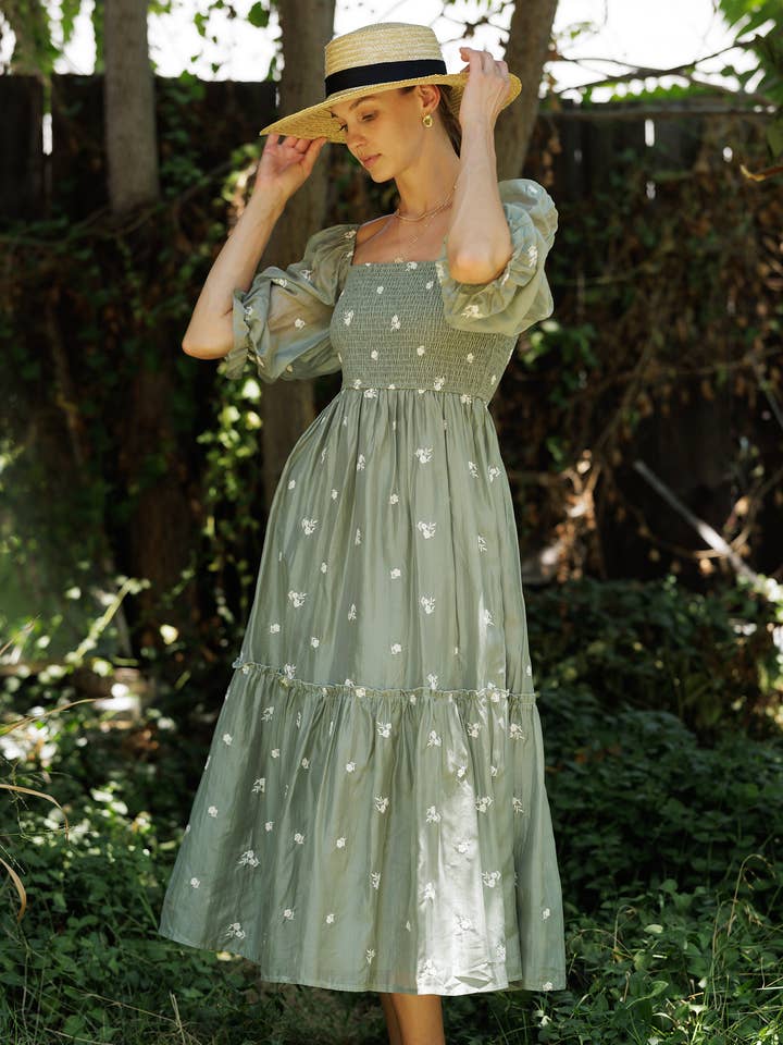 DUSTY SAGE YD5047 Smocked Bodice Puff-Sleeve Midi Dress  for wholesale on Faire1