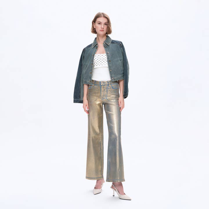 GOLDEN HIGH RISE WIDE LEG DENIM JEANS WITH FINISHED HEM BYW8180 for wholesale on Faire
