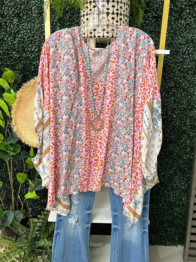 UNISHE - Wholesale Blouse - Women's - Color Block Leopard Floral Bat Wing Sleeves Blouse BBSP035
