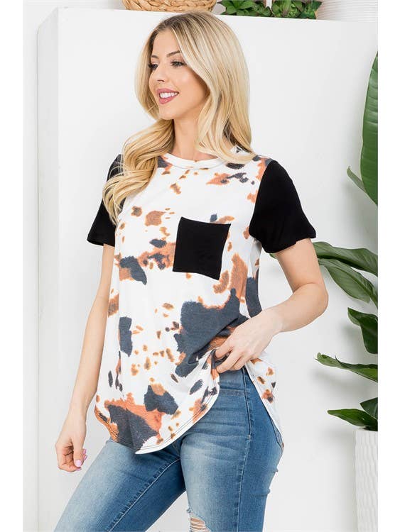 AV1025-HEATHER COW PRINT COLOR BLOCK POCKET TEE for wholesale on Faire3