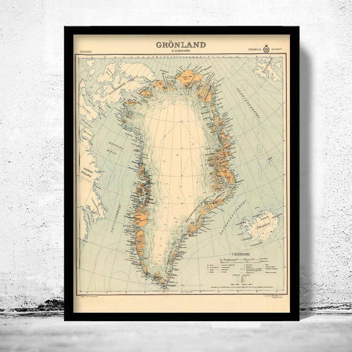 Gammal karta över Grönland Groenland 1937 Vintagekarta | Vintagekarta Väggkonst Tryck för wholesale av OldCityPrints - Old Maps and Posters
