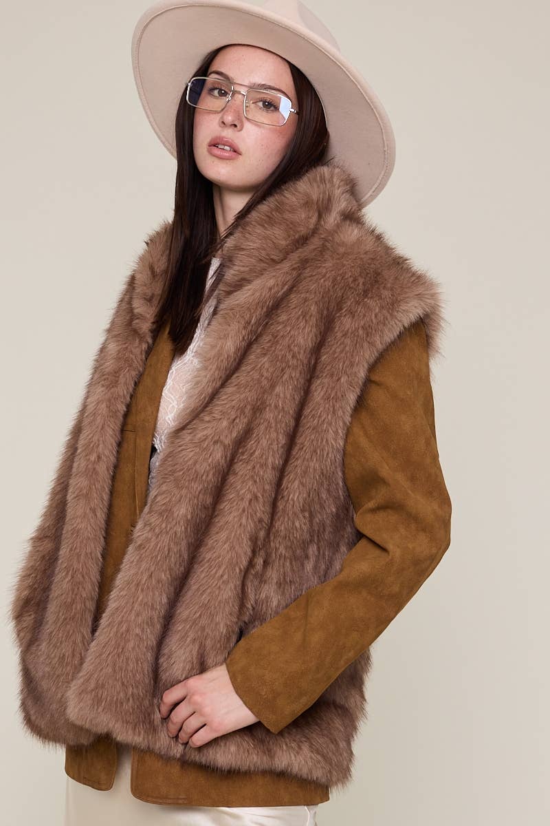 Sky to Moon - Wholesale Outerwear Vest - Women's - BROWN SOLID COLOR SLEEVELESS CASUAL FAUX FUR VEST2