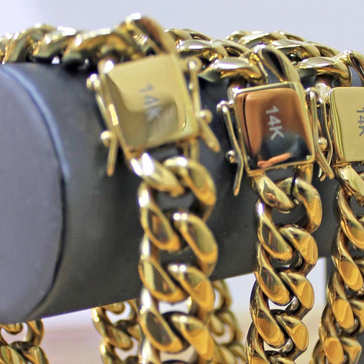 DIJU Jewelry – Engroshandel Armbånd med led og kæde – 14mm Miami Cuban Link armbånd i 14 k guld fyldt med dobbelt sikkerhed lås boks lås, Unisex bremse kæde, engros smykker Supplies