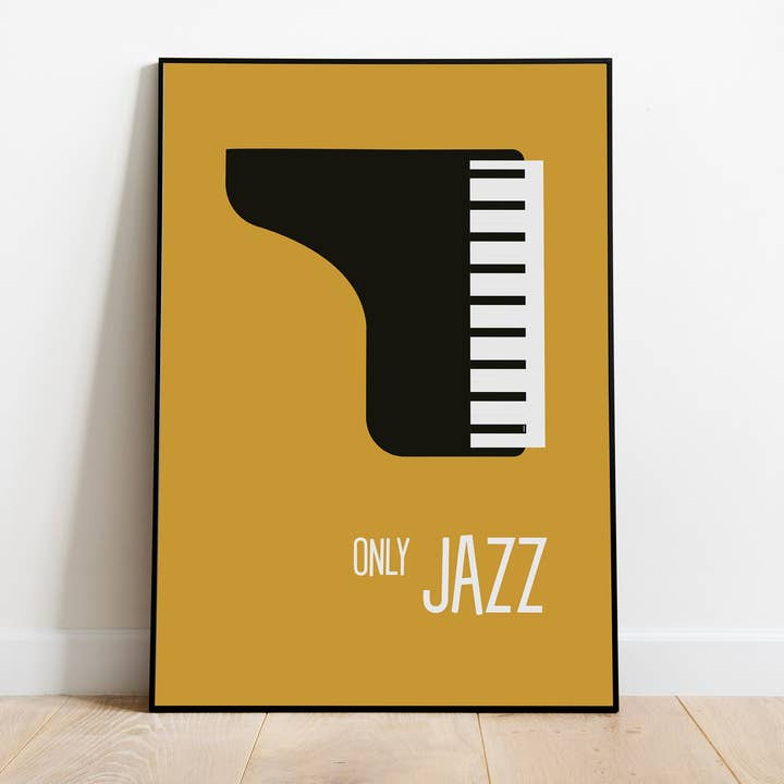 Vintage jazzmuziekposter, minimalistische piano, MCM uit het midden van de eeuw voor wholesale door Jaffa Orange