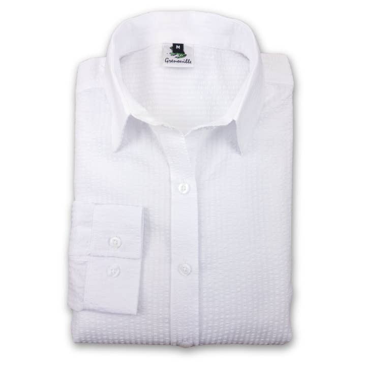 Seersucker Grenouille à manches longues à rayures blanches brillantes pour femmes pour la vente par Salamander Shirts Ltd