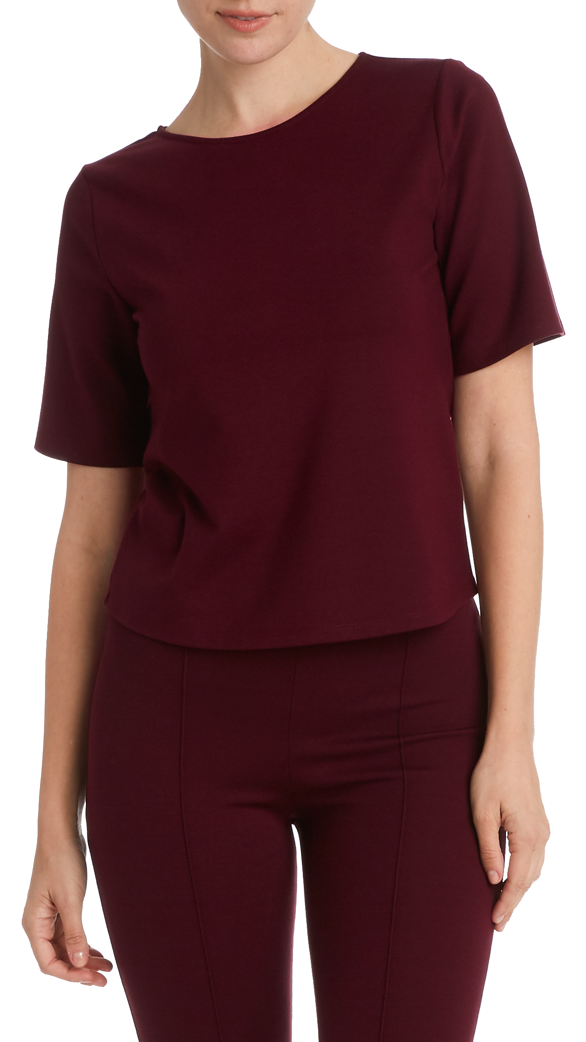 Ripley Rader - Wholesale Knit Top - Women's - Burgundy Ponte Knit Short Sleeve Extended Tee0
