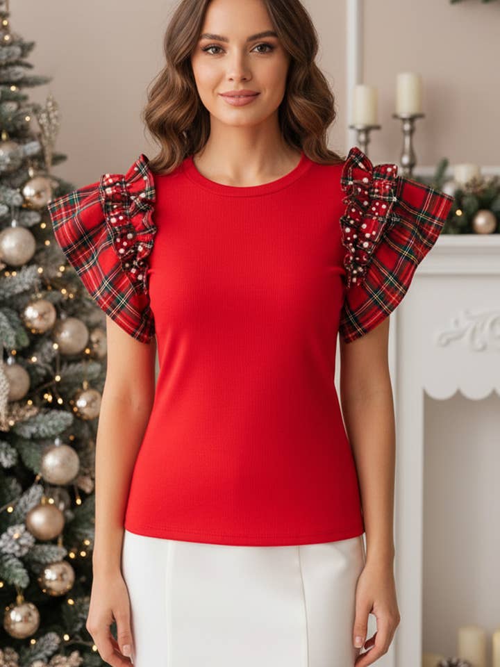 LAS Plaid Pearl Ruffle Short Sleeve Loose T Shirt (S-4X) for wholesale by LA Society