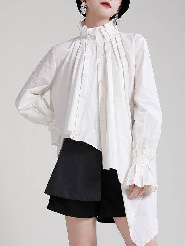 WHITE Original Stylish Irregular Pleated Buttoned Stand Collar Long Sleeves Blouse for wholesale on Faire0