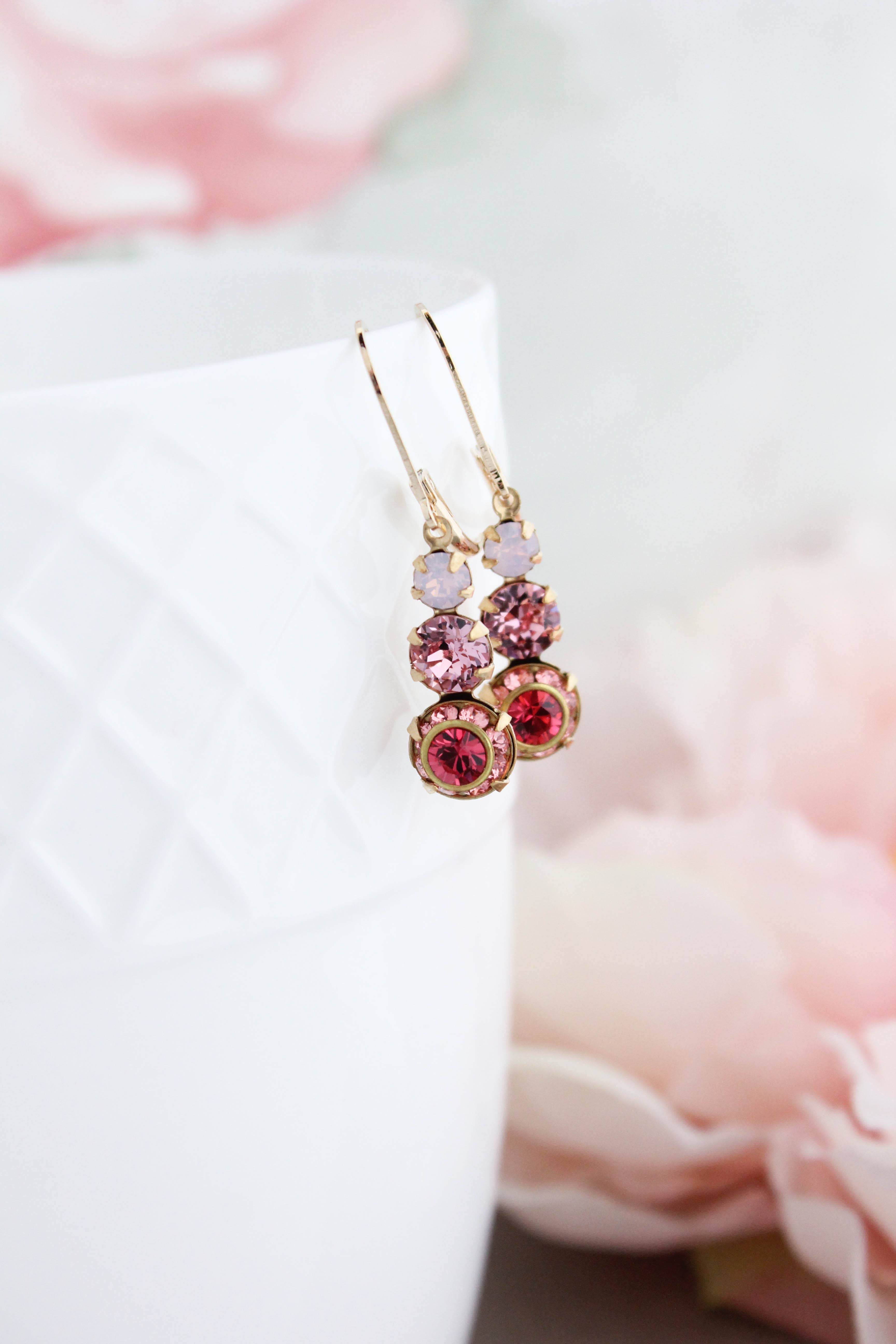 A Pocket of Posies - Wholesale Dangle Earrings - Vintage Glass Earrings -Three Jewel - Rose Pink Sparkle4