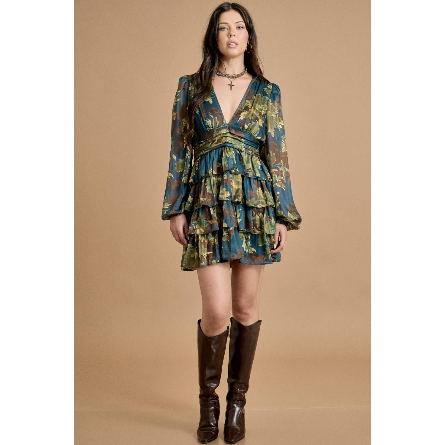 GREEN COMBO Deep V Neck Ruffled Mini Dress for wholesale on Faire3