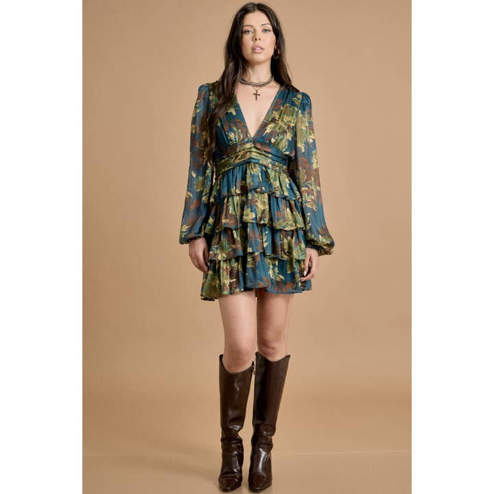 GREEN COMBO Deep V Neck Ruffled Mini Dress for wholesale on Faire3