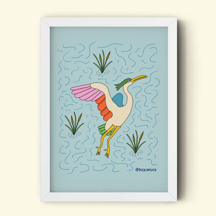 Kunstdruk Heron Bird voor wholesale door A Duck Amuck Gift Shop & Art Studio