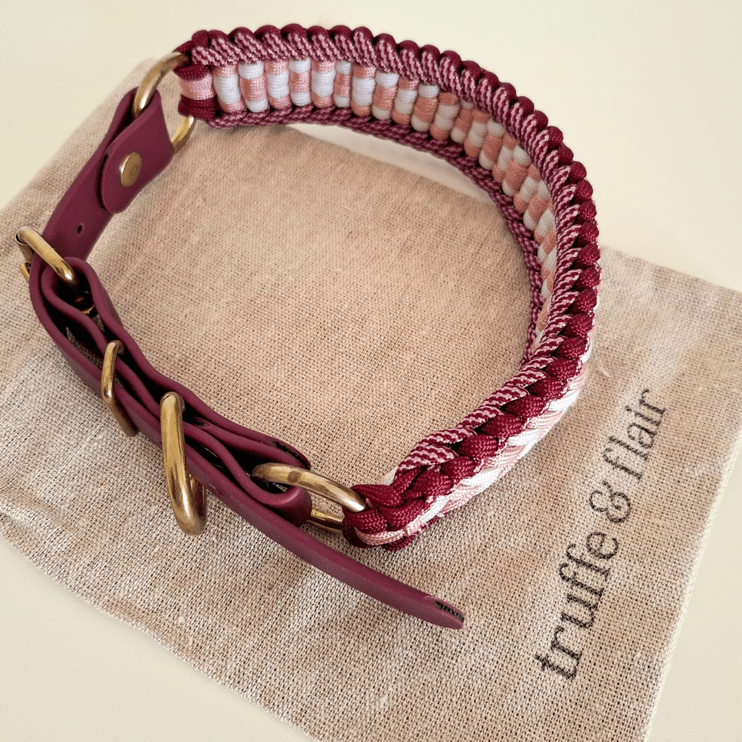 Truffe & Flair – wholesale Halsband - Hund – Flätat hundhalsband i Biothane och paracord - Hallonröd8