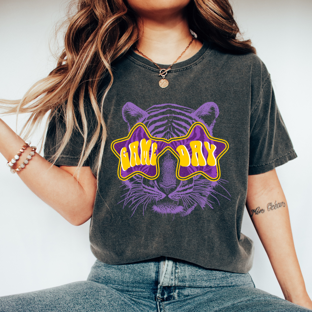 Pink House On River Road - Wholesale Screen Printed T-Shirt - Women's - Game Day Shade LSU Tigers Graphic Tee1