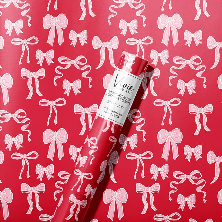 Red and Pink Valentine Bows Wrapping Paper Roll for wholesale by Vivie and Ash