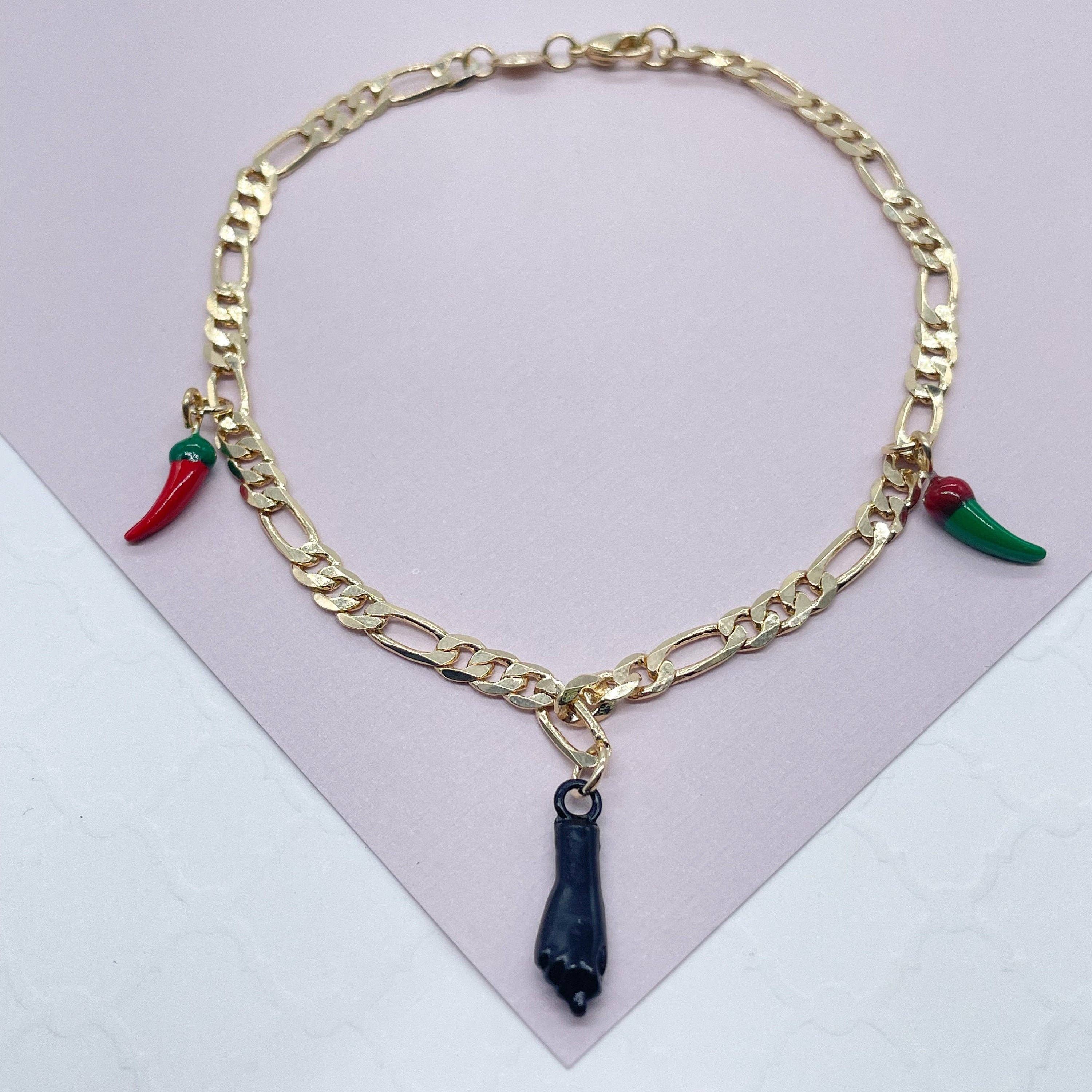 Milie - Wholesale Anklet - 18k GF Figaro Charm Anklet with Figa Hand0