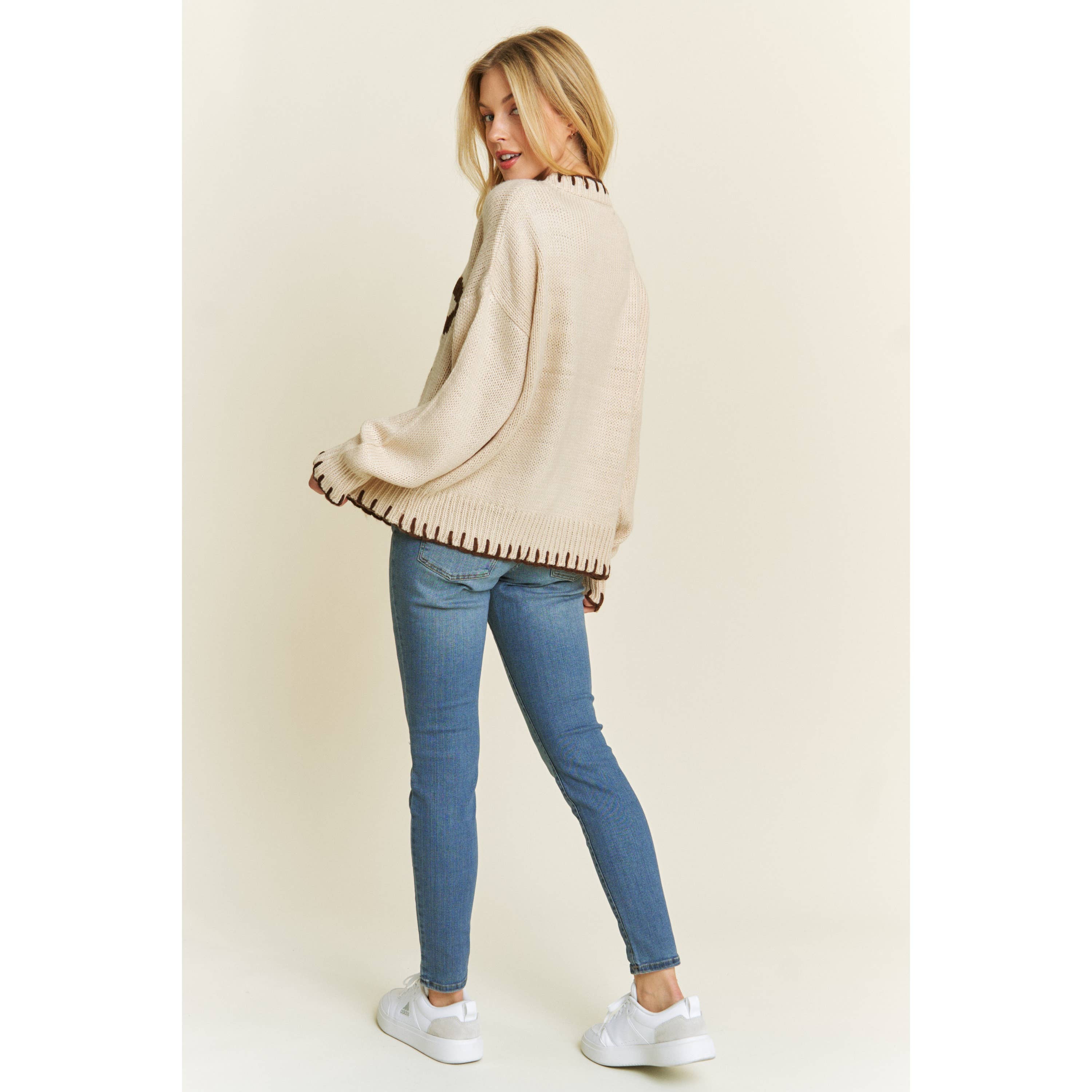 Sweet Generis - Vente Pull en maille – femme - Pull col rond de fête avec gros nœud et surpiqûres contrastées18