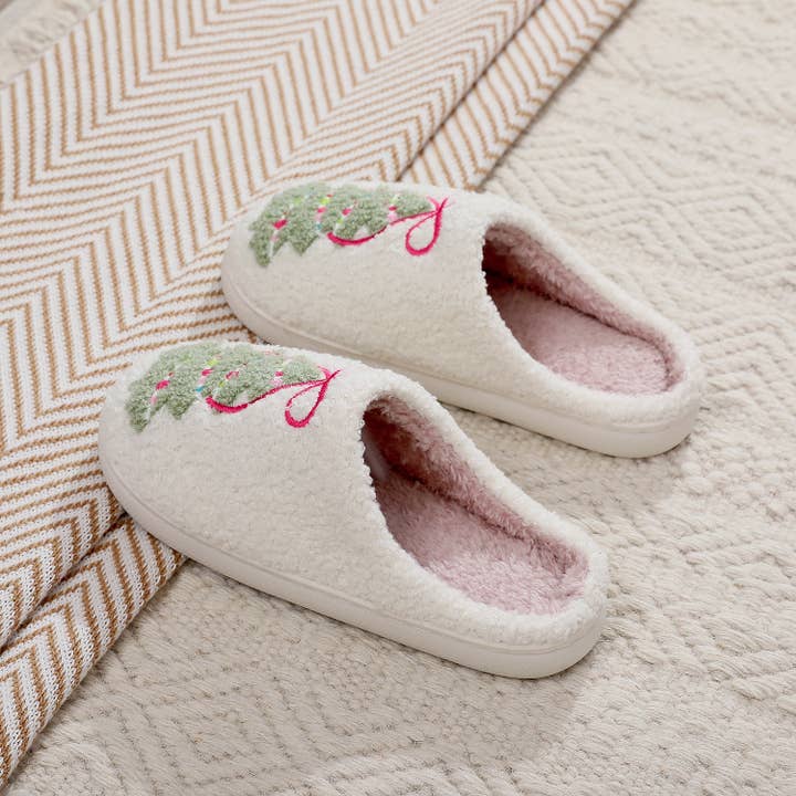 AK Brand - Wholesale Slippers - Women's - Embroidered Christmas Tree Slippers with Plush Fleece Lining1